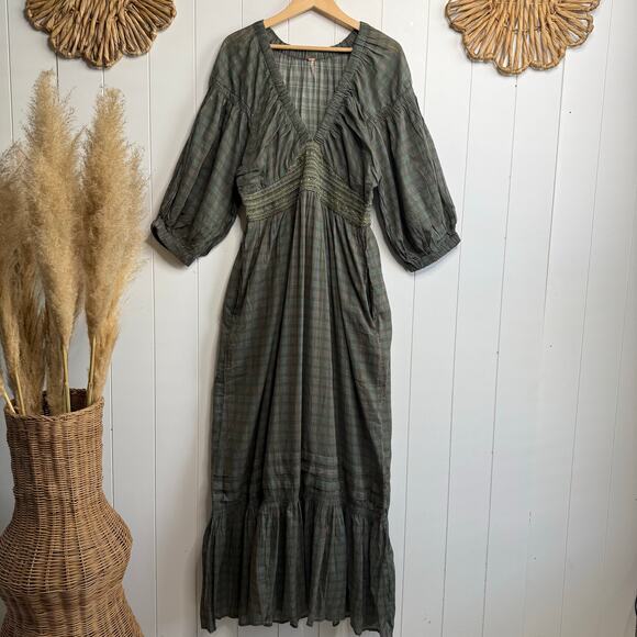 Free People maxi dress plaid embroidery ruffled cottage gingham boho smock - Picture 3 of 9